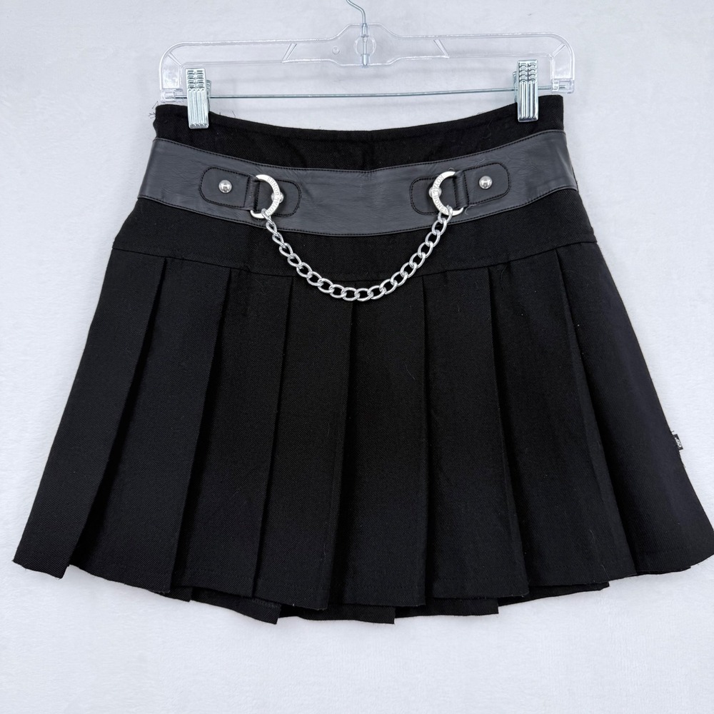 Royal Bones Black Pleated Mini Skirt Small Chain Faux Leather Trim Punk Goth